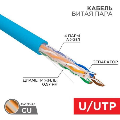 Кабель витая пара U/UTP 4х2х23AWG кат.6 solid CU PVC син. (м) Rexant 01-0047 (уп. 305 шт) фото 6
