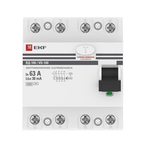 Выключатель дифференциального тока (УЗО) 4п 63А 30мА тип AC ВД-100 (электромех.) PROxima EKF elcb-4-63-30-em-pro фото 2